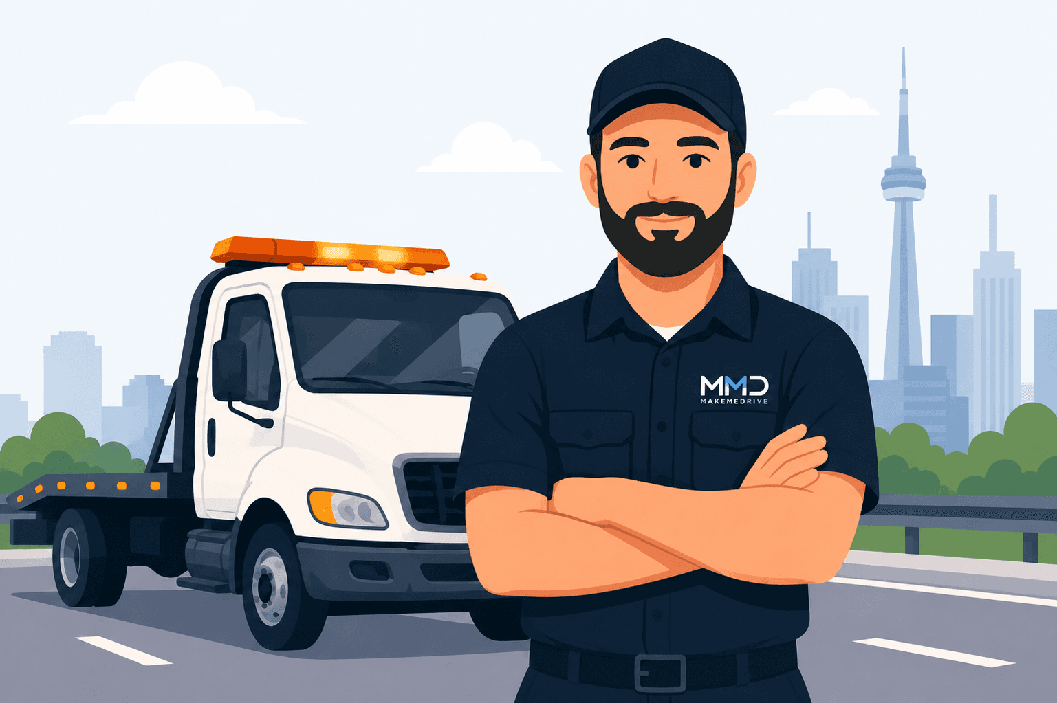 Make Me Drive provider standing beside a tow truck