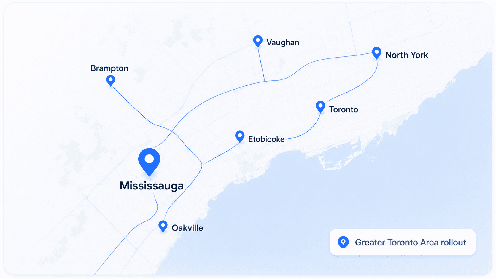 Greater Toronto Area launch map showing Make Me Drive rollout cities